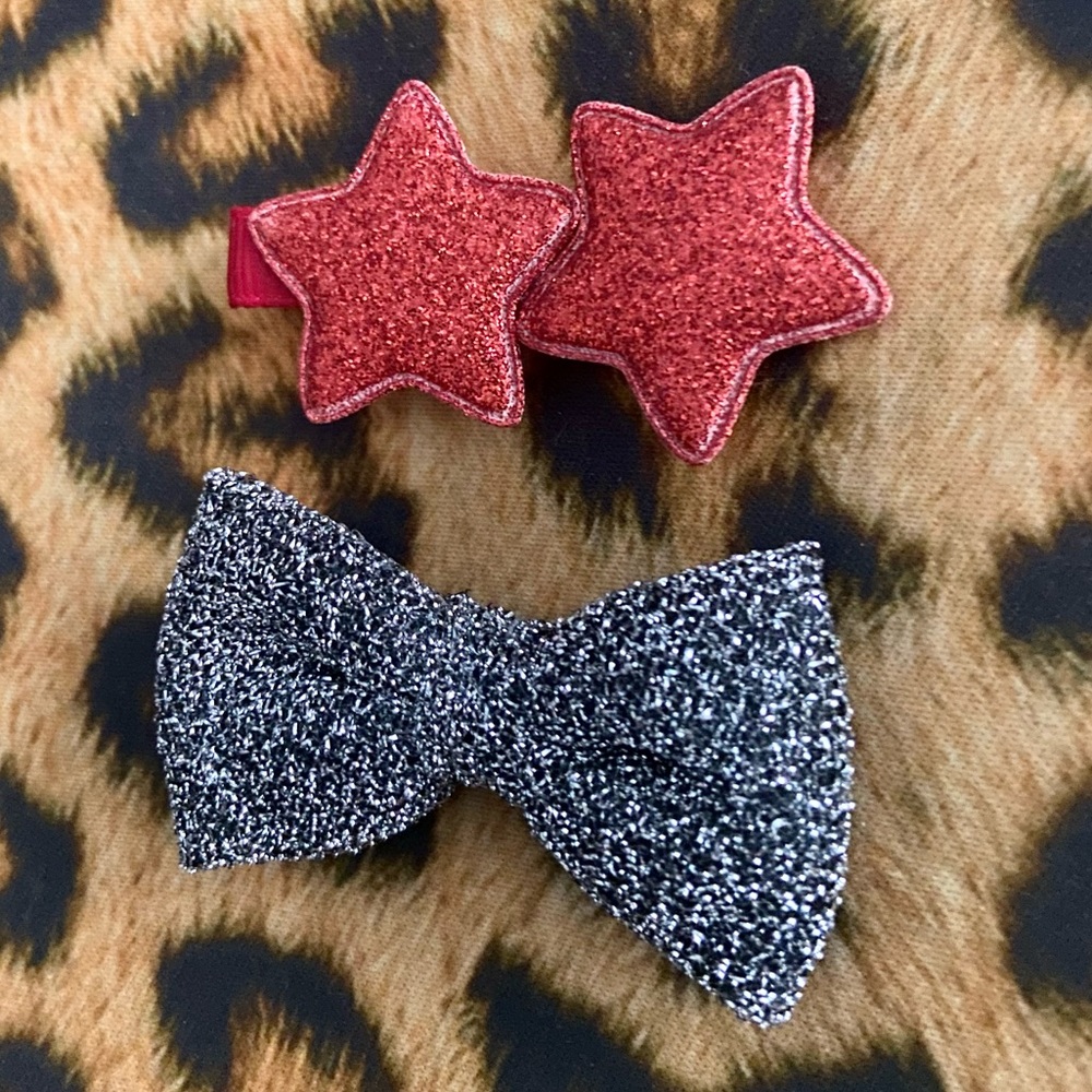 Red Glitter Stars and Black and Silver Shimmer Hair Bow Hair Clips - Picture 5 of 7